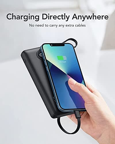 VRURC Portable Charger with Built in Cables, Slim Power Bank 10000mAh, USB C Battery Pack Travel Essential, 5 Outputs 2 Inputs Phone Charging Bank for iPhone 16 15 14 13,Samsung,Android-Black(1 Pack) 4