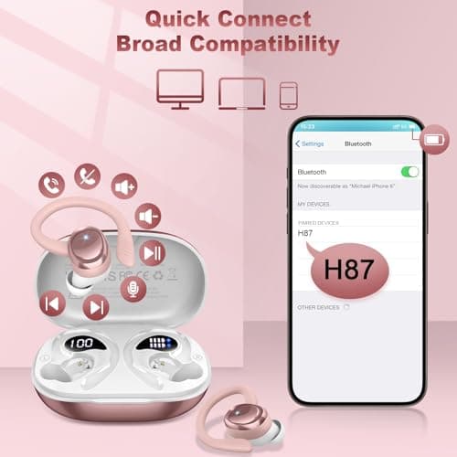 Hupoaf Wireless Earbuds Sport, New Bluetooth 5.4 Headphones with Earhooks, 50H Stereo Deep Bass Over Ear Buds with 4 ENC Noise Canceling Mics, IP7 Waterproof Earphones for Running Workout Gym -Rose 5