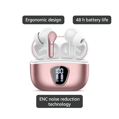 Wireless Earbuds, Bluetooth 5.4 Headphones HiFi Stereo, Bluetooth Earbuds with ENC Noise Cancelling Mic, IP7 Waterproof in Ear Earphones, 48H, LED Display Ear buds for Pad Phones Workout, Rose Gold 4