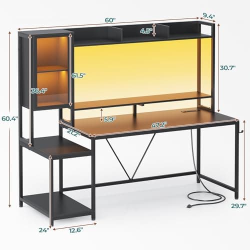 SEDETA Gaming Desk, 60'' Gaming Desk with Hutch and LED Lights, Computer Desk with Storage Shelves, Large PC Gamer Desk with Display Cabinet, Monitor Stand, Power Outlet for Home Office, Black 2