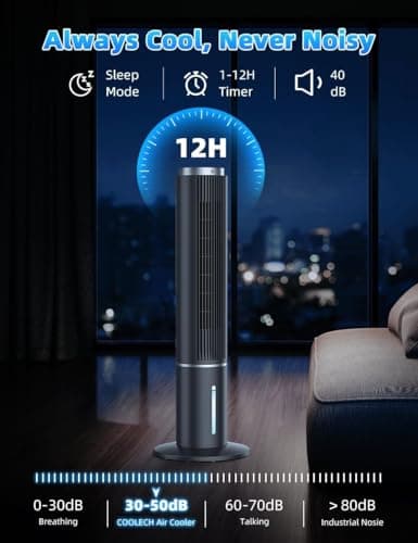 COOLECH 42 INCH Windowless Portable Air Conditioners w/4 Modes & 3 Speeds, 1-Gal Tank for 15H Cooling, 12H Timer, Swamp Cooler Air Conditioner No Window Needed, 90° Oscillating AC Unit for Bedroom 5