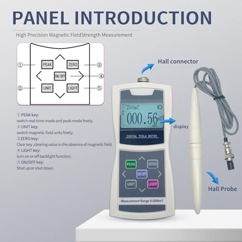 Digital Tesla Meter Handheld Gaussmeter Surface Magnetic Field Tester 0-2500mT Accuracy ±5% with N/S Function for Measuring Surface Magnetic Field of Permanent,Mechanical Parts,Magnetic Separator 2