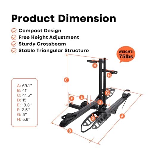 CRAVOT EBike Rack with Ramp, 200 lbs Capacity Heavy Bike Rack Electric Bike Carrier for 2 E-Bike, Foldable Bike Racks for Tow Hitch Up to 5-inch Fat Tire 2'' Receiver 6