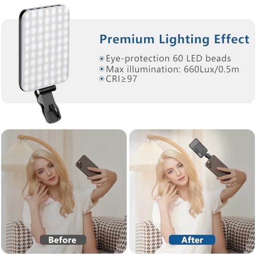 ALTSON 60 LED Portable Selfie Light Video Conference Lighting with Clip & Camera Tripod Adapter Rechargeable 2200mAh CRI 97+, 3 Light Modes for Phone iPhone Webcam Laptop Photo Makeup 4