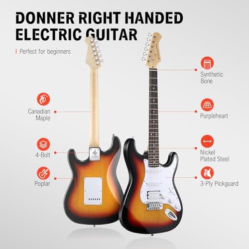 Donner DST-100S 39 Inch Full Size Electric Guitar Kit Solid Body Sunburst, Beginner Starter, with Amplifier, Bag, Capo, Strap, String, Tuner, Cable, Picks 3