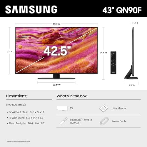 Samsung 43-Inch Class Neo QLED 4K QN90F Series, Vision AI, Mini LED Smart TV (2025 Model, 43QN90F) Neo Quantum HDR+, Object Tracking Sound Lite w/Dolby Atmos, Glare Free, Gaming Hub, Alexa Built-in 2