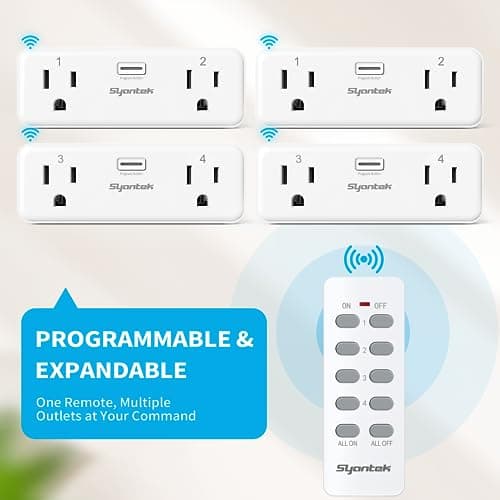 Syantek Remote Control Outlet with 2 Independent Control Sockets, Wireless Remote Light Switch Set, Remote Outlet Plug Up to 100 FT Range, FCC Certified, 15A/1875W, White (2 Outlets + 1 Remote) 5
