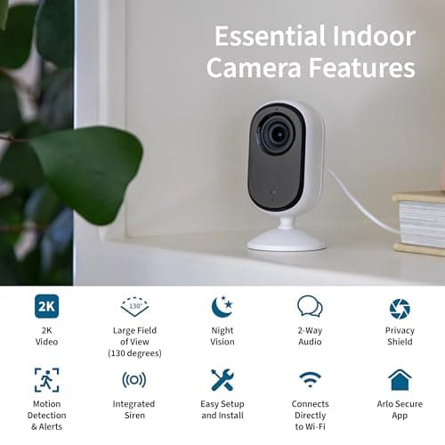 Arlo Essential Security Camera 2K | Indoor Only| 2nd Gen | Baby Monitor & Pet Camera | Wired Automated Privacy Shield, 2-Way Audio, Night Vision, Live Stream, Motion Alerts & Notifications White,1 Cam 2