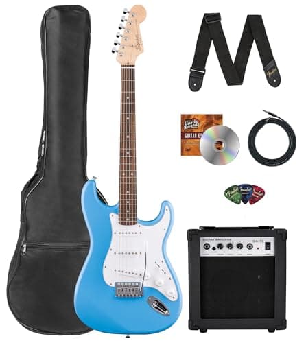 Fender Squier Stratocaster - California Blue Bundle with Amplifier, Gig Bag, Strap, Instrument Cable, Picks, and Austin Bazaar Instructional DVD