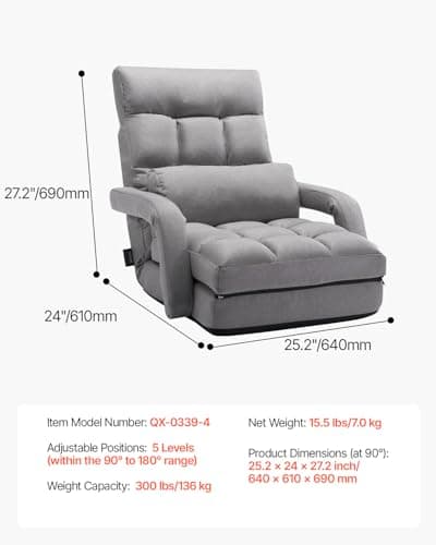 VEVOR Floor Chair, Floor Gaming Chair with 5 Adjustable Position and Back Support, Folding Sofa Chair with Armrest for Adults, Sofa Lounger Bed with Back Cushion for Living Room and Bedroom, Gray 3