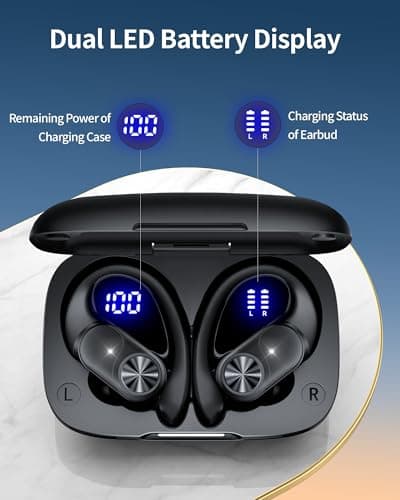 PocBuds Bluetooth Headphones Wireless Earbuds 80hrs Playtime Wireless Charging Case Digital Display Sports Ear Buds with Earhook Deep Bass IPX7 Waterproof Over-Ear Earphones for TV Phone Laptop Black 3