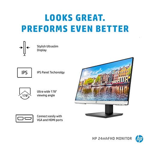 HP 24mh FHD Monitor - Computer Monitor with 23.8-Inch IPS Display (1080p) - Built-in Speakers and VESA Mounting - Height/Tilt Adjustment for Ergonomic Viewing - HDMI and DisplayPort - (1D0J9AA#ABA) 2