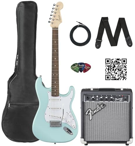 Fender Squier Stratocaster Electric Guitar - Daphne Blue Bundle with Fender Frontman 10G Amplifier, Gig Bag, Cable, Strap, Picks, and Austin Bazaar Instructional Video