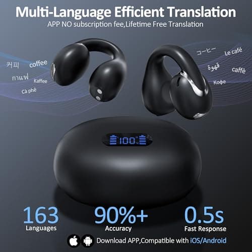AI Language Translation Earbuds Real Time, IAMJOY Language Translator Earbuds Open Ear Clip-On Design, 163 Language & Accents Two-Way Translator Device with APP for Travel Learning Business, Black 2