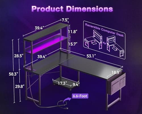 ODK 53 Inch L Shaped Desk with LED Lighting, Reversible Gaming Desk with Power Outlets, Cornor Computer Table with Storage Shelves & Bag & Iron Hook, Home Office Table for Writing, Study, Black 3