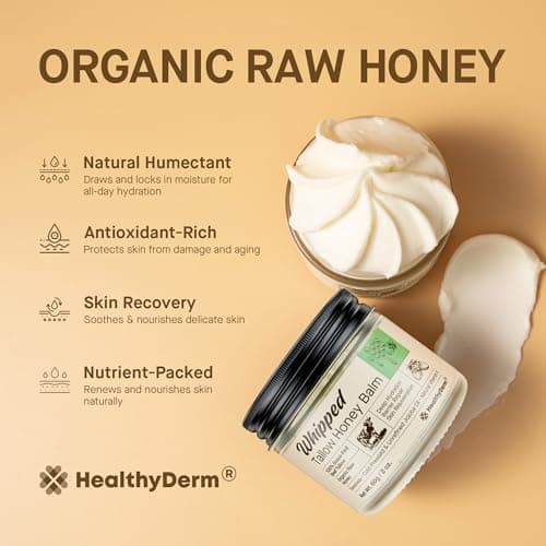 Beef Tallow Honey Balm for Skin: 100% Grass Fed Whipped Organic Moisturizer with Organic Raw Honey, Jojoba Oil, Vitamin E – Natural Face and Body Care for Mature, Dry or Sensitive Skin, 2oz 6
