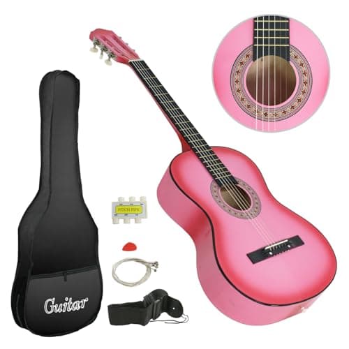 Smartxchoices 38" Acoustic Guitar Bundle with Gig Bag Strap Pitch Pipe Extra Strings Set Pick PINK 6 String for Beginners Starter Kids Girls Youths Students Right-handed (PINK)