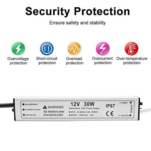 30W 12 Volt LED Power Supply, Waterproof IP67 LED Driver, 110V AC to 12V DC Converter, LED Transformer Low Voltage Output with 3-Prong Plug 3.3 Feet Cable for Light Strip, 2.5Amp 5