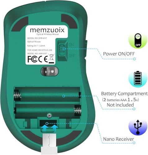 memzuoix 2.4G Wireless Mouse, 1400 DPI Computer Mice USB Receiver, Portable Wireless USB Mouse Battery Powered Cordless Mice for Laptop, PC, Desktop, 5 Buttons (Dark Green) 3