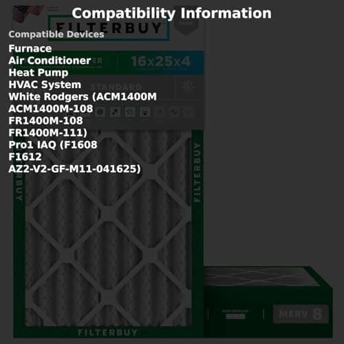 Filterbuy 16x25x4 Air Filter MERV 8 Essential Dust & Allergy Defense (2-Pack), Electrostatic Pleated HVAC AC Furnace Filters Replacement, Made in USA (Actual Size: 15.50 x 24.50 x 3.63) 3