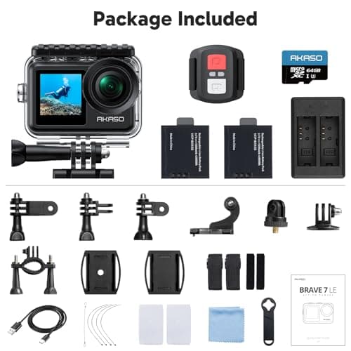 AKASO Brave 7 LE 4K30fps Action Camera with 64GB MicroSDXC U3 Memory Card Accessories Kit Bundle Ultra HD 131FT Waterproof Camera EIS 2.0 WiFi Remote Control Zoom Underwater Camera 5