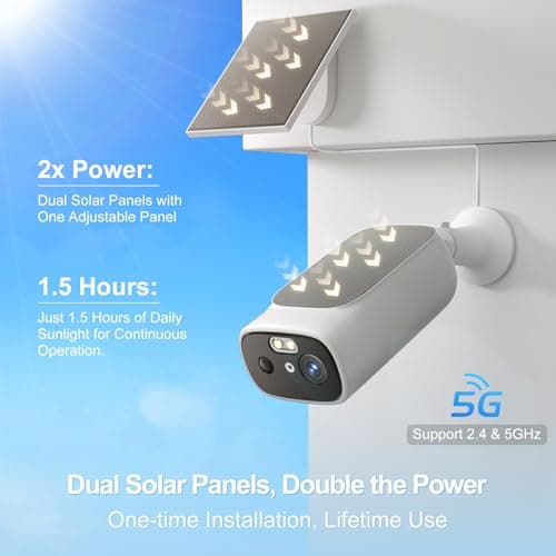 2K Solar Camera Outdoor Wireless-5/2.4Ghz WiFi Cameras for Home Security, AI Motion Detection, Color Night Vision, SD Card/Cloud Storage, Waterproof, Compatible with Alexa/Google Home (1 Camera) 2