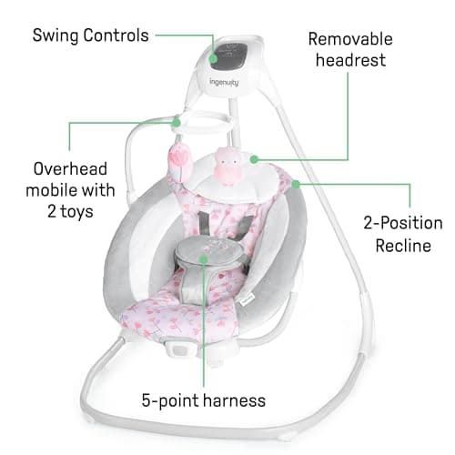 Ingenuity SimpleComfort Lightweight Compact 6-Speed Multi-Direction Baby Swing, Vibrations & Nature Sounds, 0-9 Months 6-20 lbs (Pink Cassidy) 3