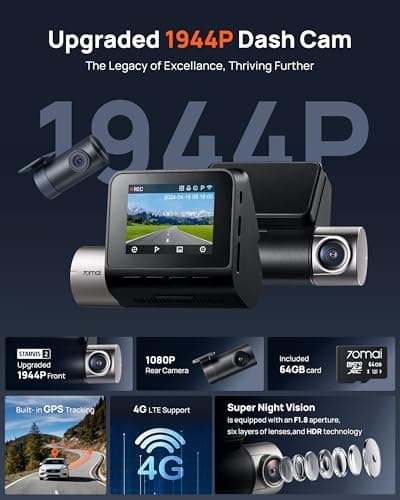 70mai Dash Cam Front and Rear A510,1944P+1080P with STARVIS 2 IMX675 and 64GB Card, Dash Camera for Cars, 4G LTE Support, ADAS, Built-in GPS WiFi, APP Control, HDR, 24H Parking Mode, Loop Recording 2