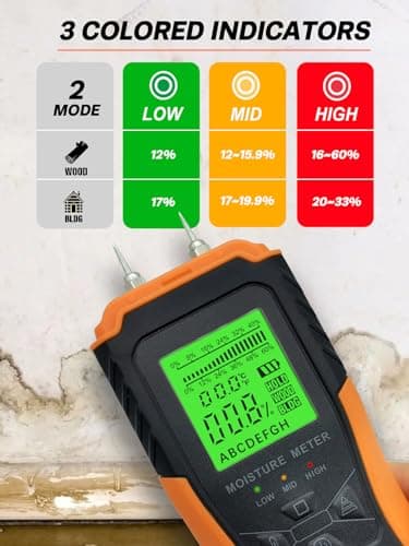 Mecurate Digital Pin Type Wood Moisture Meter with 3 Colored Indicators, Moisture Detector 2 Mode 8 Calibration Large Backlit for Wood, Wall, Firewall (Orange) 4