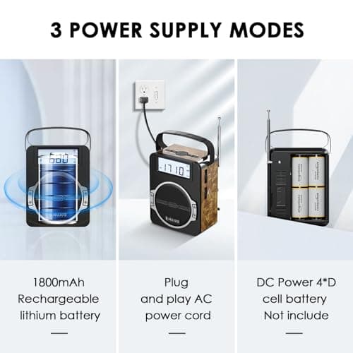 JEUJUG Radio Portable AM FM Digital Radios Clock Radio with Bluetooth 5 Watts Loud Speaker Rechargeable AM FM Radios Plug in Wall Battery Operated Best Reception for Home Outdoor Great Retro 5