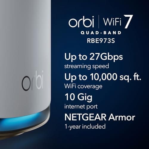 NETGEAR Orbi 970 Series Quad-Band WiFi 7 Mesh Network System (RBE973S), Router + 2 Satellite Extenders, Security Features, Up to 27Gbps, Covers Up to 10,000 sq. ft., 200 Devices, 10 Gig Internet Port 2