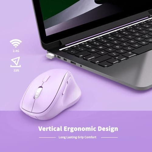 Ergonomic Wireless Mouse with USB Receiver for PC Computer, Laptop and Desktop, Ergo Mouse Vertical with Silent Clicks Long Battery Life, Up to 1600 DPI & 1 AA Battery Powered, Purple 3