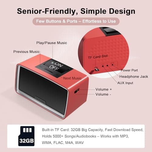 VigorKeeper Simple Music Player for Seniors with Dementia Alzheimer's, Large Button One-Touch Play, Easy-to-Use Audiobook Player Dementia Products for Elderly Parents Grandparents (Red) 4