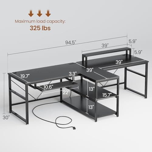 SEDETA 94.5" Gaming Computer Desk, 2 Person Office Desk with Storage, LED Lights, Power Strip, Long Desks with Keyboard Tray & Monitor Stand for Home Office, Carbon Fiber Black 2