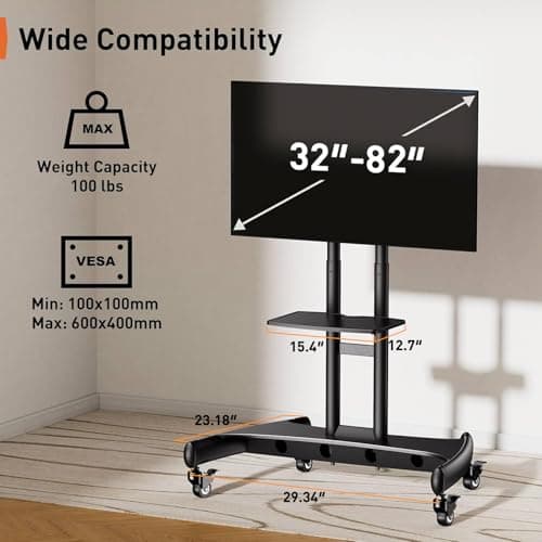 Perlegear Rolling TV Stand for 32-82 Inch Flat/Curved LED/LCD/OLED TVs, Outdoor Mobile TV Carts on Wheels with Adjustable Shelf, VESA 600x400mm up to 100lbs, Portable Mount with Wheels PGTVMC05-1 4