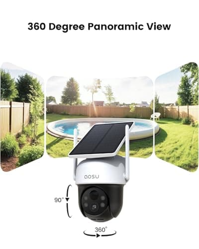AOSU Solar Camera Security Outdoor - 100% Wire-Free Security Cameras Wireless Outdoor for Home Surveillance with Fixed Solar Panel, 360° Panoramic View, Human Auto Tracking, 2K Color Night Vision 3