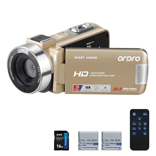 ORDRO Video Camera Camcorder 1080P 30FPS Digital Camera, IR Night Vision Vlogging Kids Video Camera for Beginners YouTube, 3.0'' IPS Screen 18X Zoom Camcorder with 16G Card, 2 Batteries