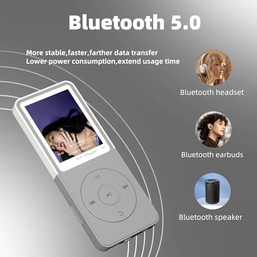 Bluetooth Mp3 Player, Classic Portable Mp3 Players for Kids,HiFi Music Player with Bluetooth,Video Play,FM Radio,Recording,E-Book,Alarm Clock,Mp3 Play up to 50 Hours with SD Card Slot Grey 64GB 4