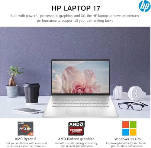 HP 17 Laptop Essential Computer, 17.3 IPS FHD Business PC, 6-Core AMD Ryzen 5, 32GB RAM, 1.5TB Storage (1TB SSD + 500GB Ext), Windows 11 Pro Copilot AI Lifetime Office, HubxcelAccesory, Number Pad 5