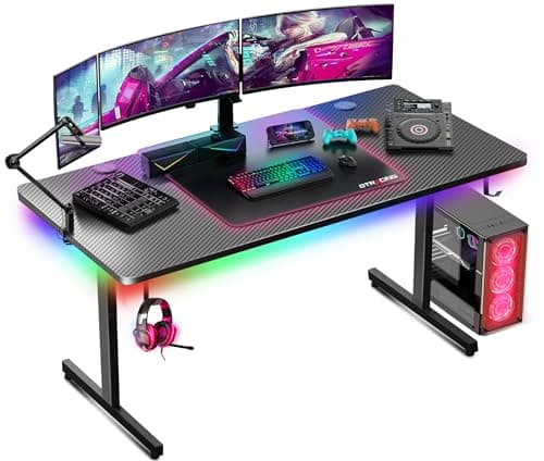 GTRACING Gaming Desk 55 Inch with LED Lights, Large Computer Desk with Mouse Pad for Home Office, T-Shaped Carbon Fibre Surface PC Game Workstations with Headphone Hook