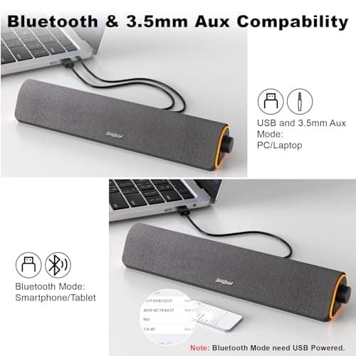 SOULION R50 Bluetooth Computer Speakers, 3.5mm PC Sound Bar for Desktop Monitor, Wired USB Powered & Colorful LED Lights with Switch Button, Surround Sound Soundbar PC Spearkers for Computer 4