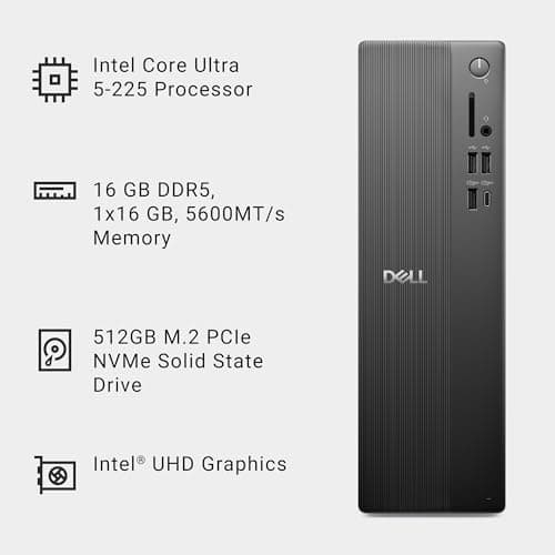 Dell Slim Desktop ECS1250 - Intel Core Ultra 5-225 Processor, Intel UHD Graphics, 16GB DDR5 5600MT/s Memory, 512GB M.2 SSD, 3.0 SD Card Reader, Dell Wired Keyboard and Mouse, Basic Onsite Service 4