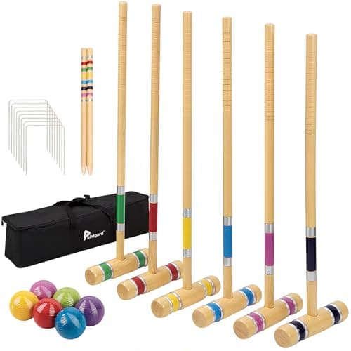 Pointyard Six Player Croquet Set, 28’’ Croquet Set with Wooden Mallets/Colored Ball/Wickets/Stakes for Adults/Teenager/Family-Perfect for Lawn/Backyard Game/Park (Includes Carry Bag)