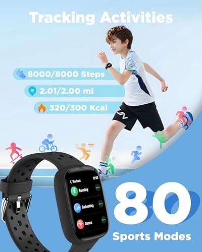 BIGGERFIVE Smart Watch for Kids, 1.8" Fitness Tracker Watch Pedometer, Heart Rate, Sleep Monitor, IP68 Waterproof, Calorie Step Counter, Puzzle Games with/Without APP for Girls Boys Teens 5-16, Black 3