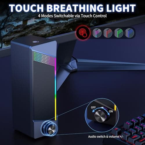 Computer Speakers, 2 in 1 PC Speaker , Gaming Speakers for PC Computer Laptop Desktop Monitor, RGB Speakers with Touch Sensitive Lighting, USB Powered 3.5mm Aux（Package Only Two Speaker, No Soundbar） 5