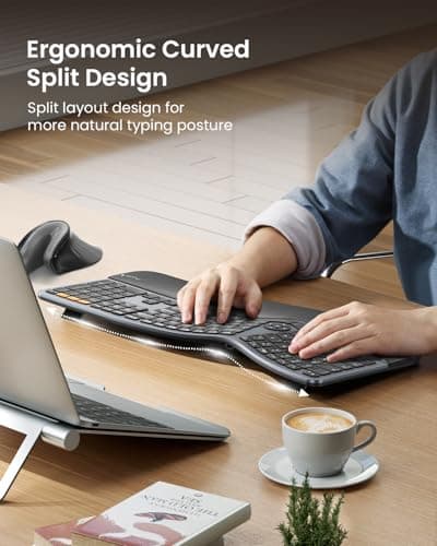 Backlit Bluetooth Ergonomic Keyboard, ProtoArc EK01 Plus Full Size Wireless Split Keyboard with Dual Bluetooth and USB, Cushioned Wrist Rest, Rechargeable for Windows/Mac/Android, Grey Black 4