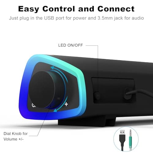 SOULION R30 Computer Speakers, Colorful LED Lights with Switch Button, Surround Sound Portable Computer Sound Bar Speakers for Desktop, Gray 5