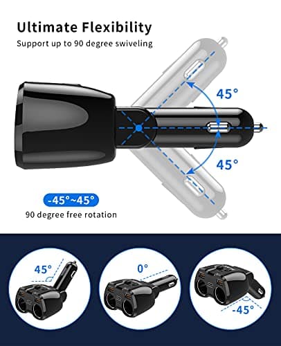 [2025 Upgraded] Cigarette Lighter Splitter, SUPERONE 180W 2-Socket Cigarette Lighter Adapter with Dual QC3.0 and 20W PD USB C Car Charger Splitter for GPS/Dash Cam/Laptop/iPad/iPhone 17/16/15/14/13/12 5