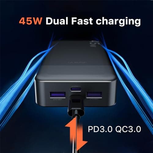 JUOVI Portable Power Bank, 20000mAh 45W Portable Charger, PD3.0 QC4.0 Fast Charging with LED Display, 2 USB-C, 2 USB-A, Battery Pack for iPhone 15 14 13 Series, MacBook, Galaxy, iPad, and More (Black) 3