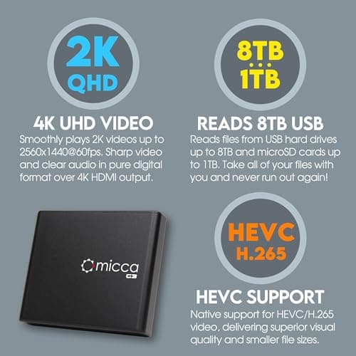 Micca G3 2K Quad-HD Digital Media Player for USB Drives and MicroSD Cards, Digital Signage, H.265/HEVC H.264/AVC MP4 MKV Videos MP3 Music JPG Photos, 4K HDMI, Analog AV, Auto Play and Resume 4